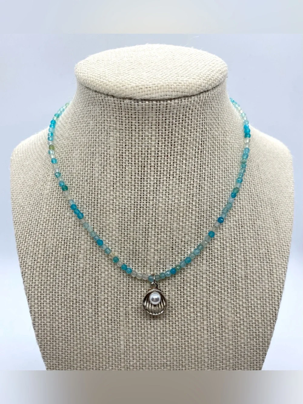 Blue Beaded Necklace Silver Pearl Charm Boho Y2K Fairy Festival Coastal Beach